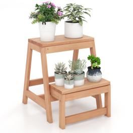 Multipurpose wood folding 2-step stool for indoor outdoor plant stand-natural