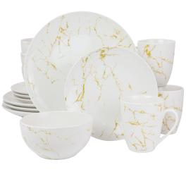 Elama fine marble 16 piece stoneware dinnerware set in gold and white