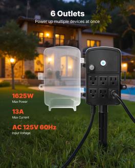 Outdoor power stake, 100 ft extension cord, outdoor power strip weatherproof with cover and overload protection, 6 outlets, 13a/1625w, waterproof multi-outlet yard stake for christmas lights