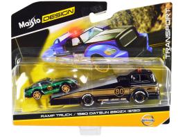 Ramp truck #80 dark gray metallic with gold metallic stripes "jdm garage" and 1980 datsun 280zx (s130) #80 green metallic with stripes "elite transport" series 1/64 diecast models by maisto