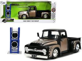 1956 ford f-100 pickup truck matt black and champagne with flames with extra wheels "just trucks" series 1/24 diecast model car by jada