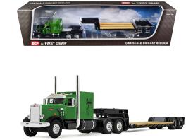 Peterbilt 351 with 60" vintage sleeper and rogers vintage lowboy trailer green with black trailer 1/64 diecast model by dcp/first gear