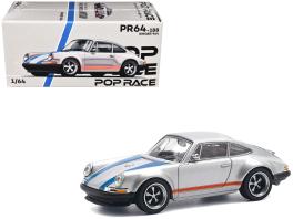 Singer 964 silver metallic with blue and red stripes 1/64 diecast model car by pop race