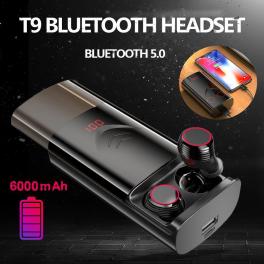 T9 tws wireless bluetooth 5.0 earphones stereo hifi earphones earbuds with 6000mah charging case  black