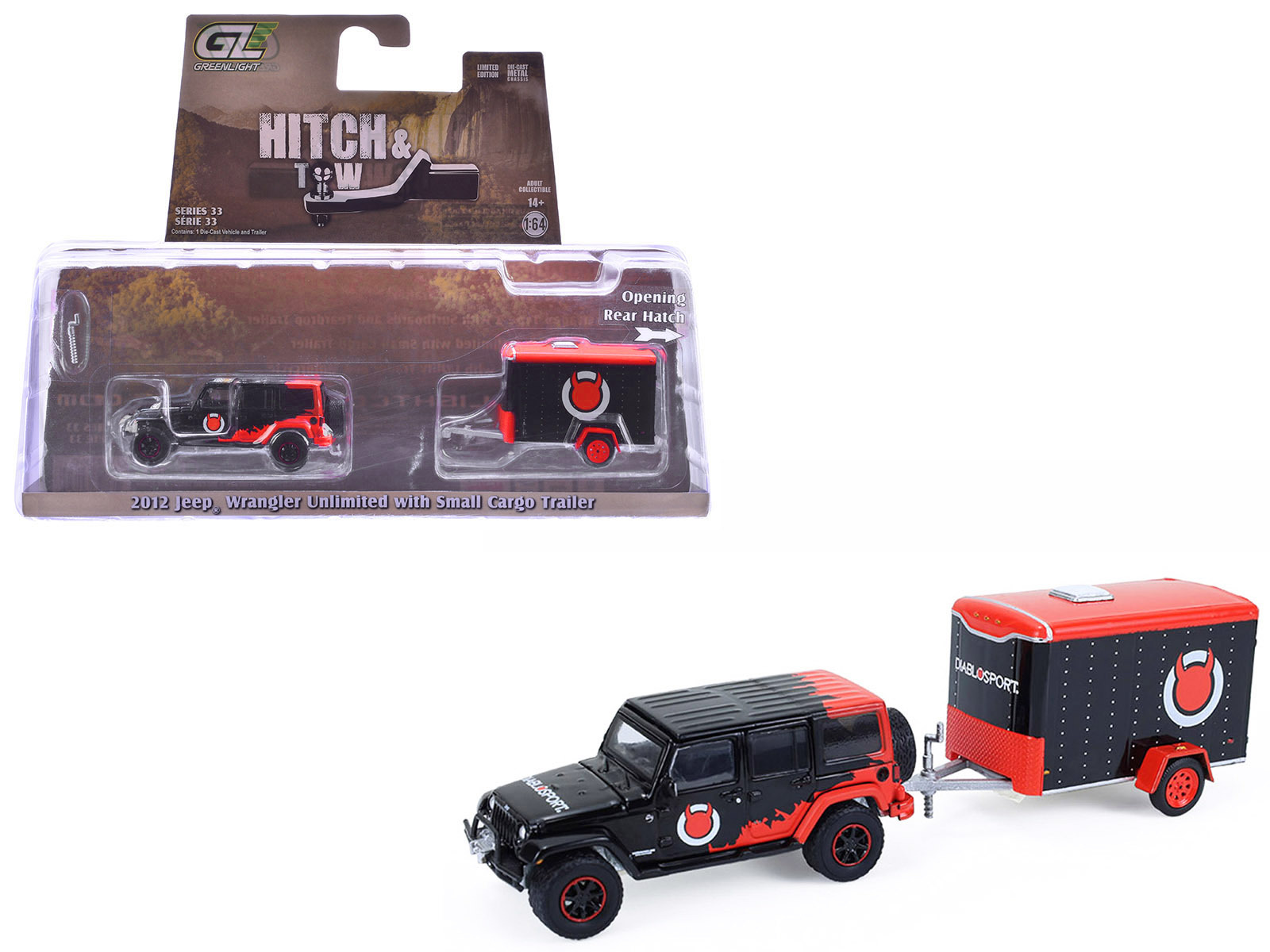 2012 jeep wrangler unlimited "diablo sport" black with red graphics and small cargo trailer "hitch & tow" series 33 1/64 diecast model cars by greenlight