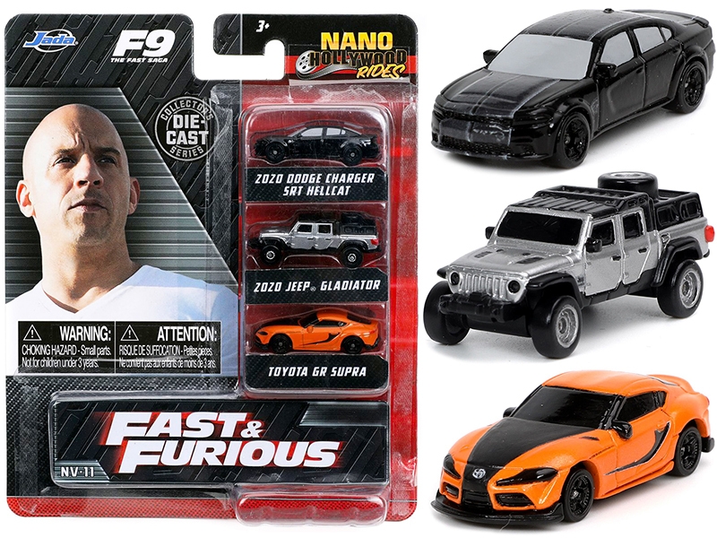"fast & furious 9" (2021) movie 3 piece set "nano hollywood rides" series diecast model cars by jada
