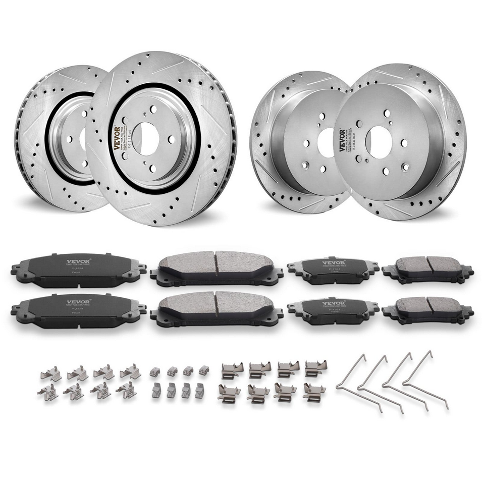 Front and Rear Brake Kit Compatible with Toyota Sienna, Highlander, Lexus RX350, RX450h, Drilled and Slotted Brake Rotors Ceramic Brake Pads Replacement, 12.9" Front Rotors 12.2" Rear Rotors